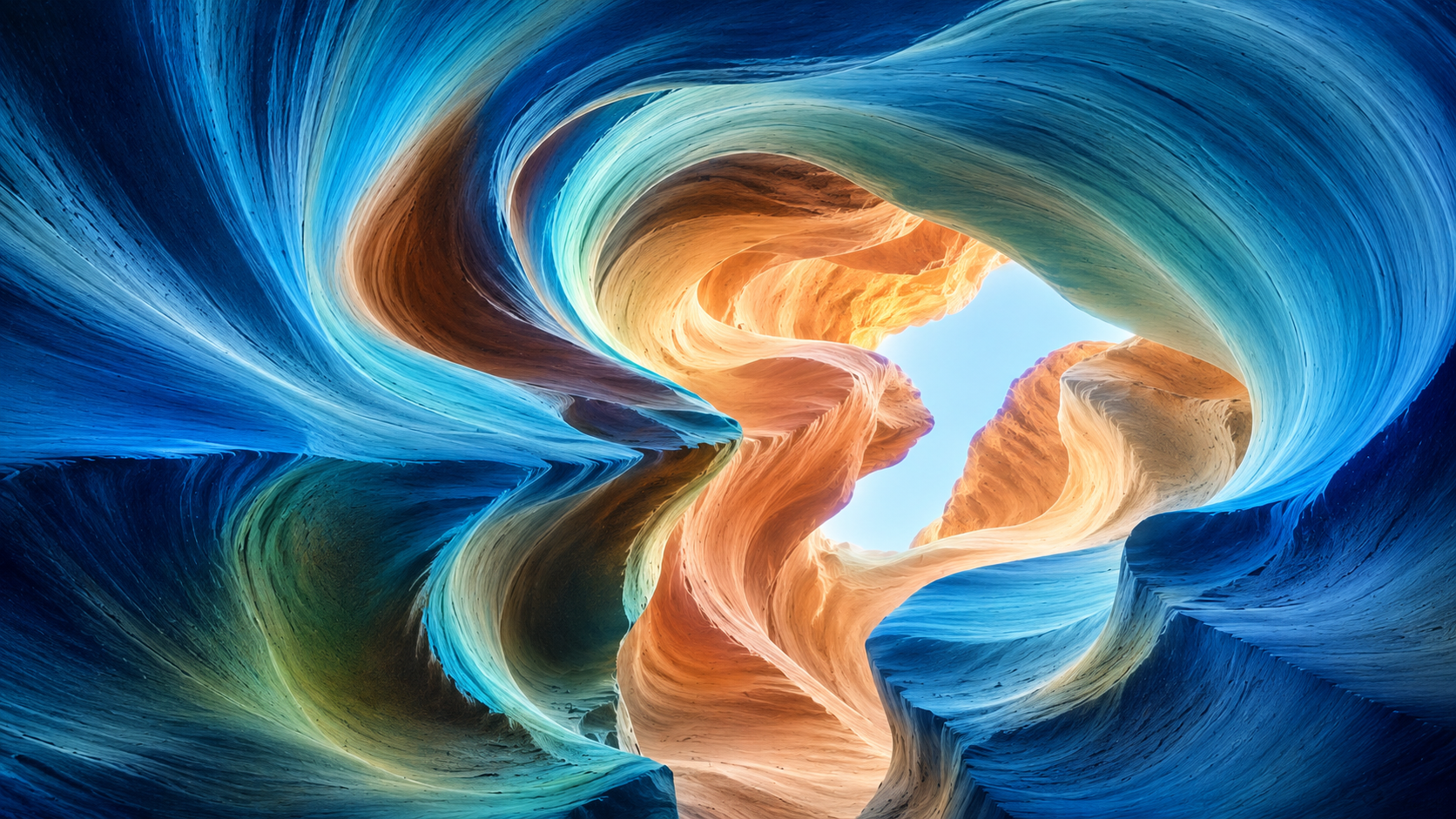 Abstract flowing blue, green, and warm earth-toned canyon forms